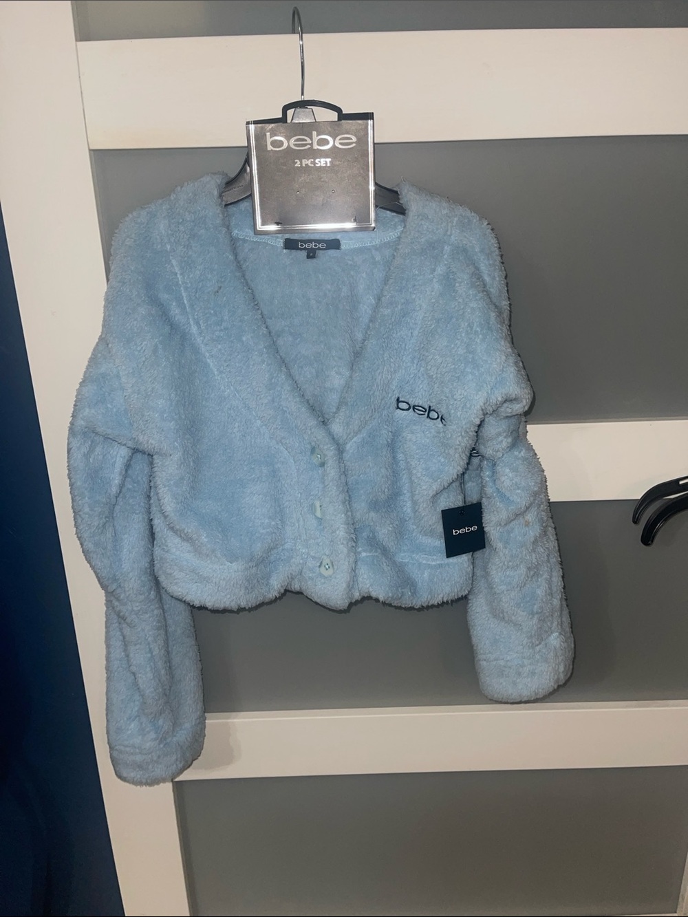 bebe Plush Cropped Button-Front Top in Light Blue with shorts